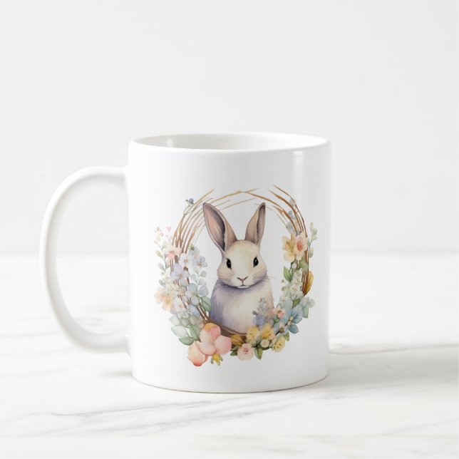 Light Tan Bunny Rabbit mit Frühlingsblumen Kaffeetasse (Links)