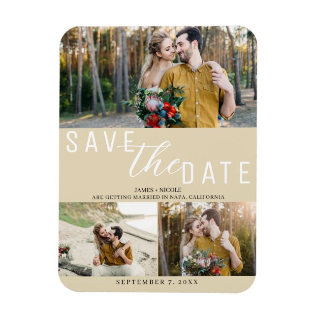 Light Tan Neutral Save the Date Hochzeit 3 Fotos Magnet (Vertikal)
