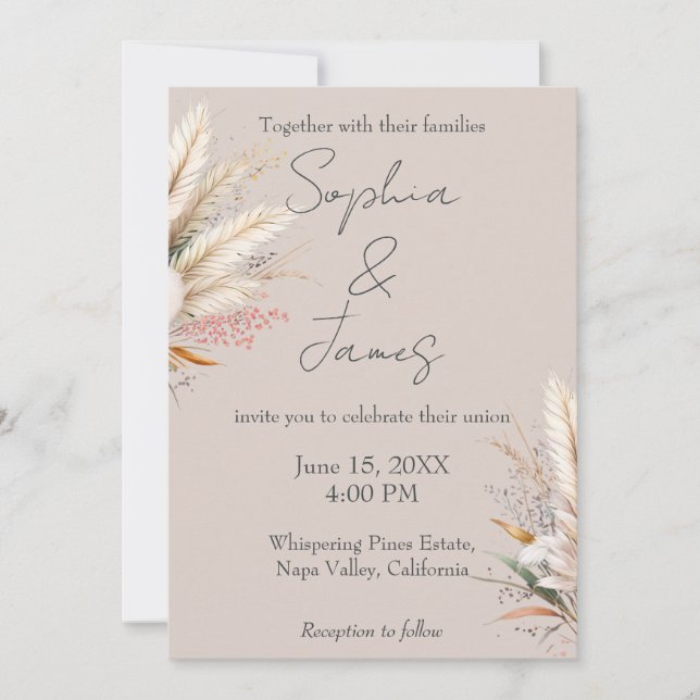 Light Taupe Boho Pampas Grass Wedding Einladung (Vorderseite)