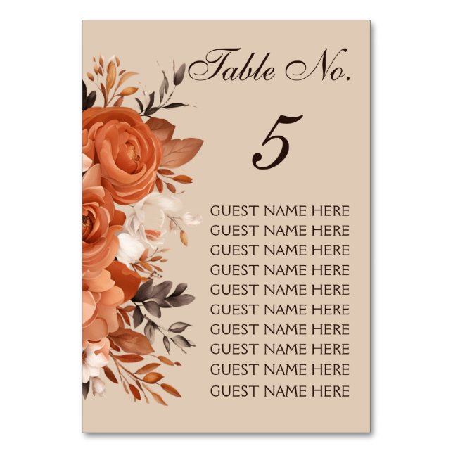Light Terracotta and Burnt Orange Wedding Tischnummer (Vorderseite)