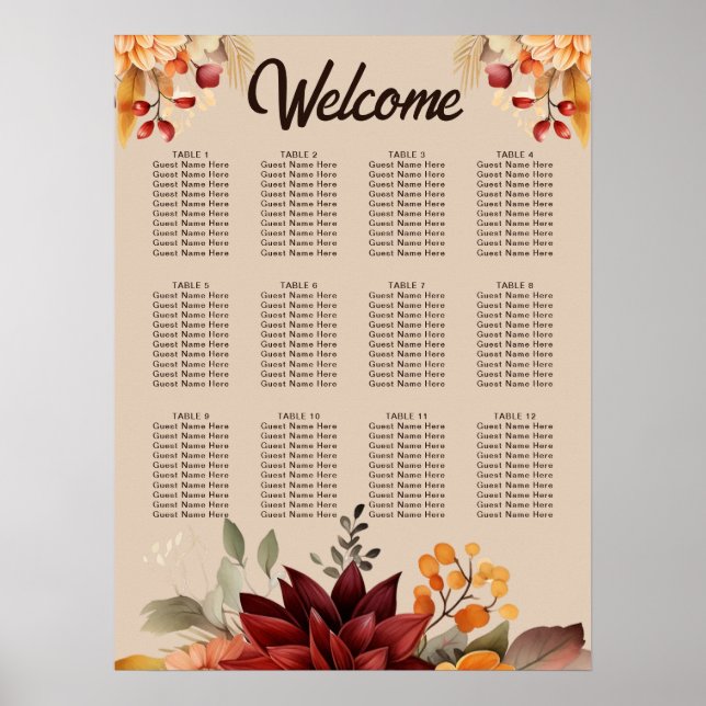 Light Terracotta Fall Floral Wedding Chart Poster (Vorne)