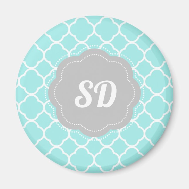 Light Türkise Quatrefolie Custom Monogram Magnet (Vorne)