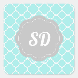 Light Türkise Quatrefolie Custom Monogram Quadratischer Aufkleber