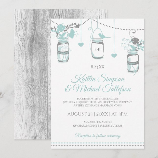 Light Turquoise Mason Jar Wood Wedding Einladungen (Vorne/Hinten)