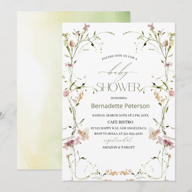 Light Watercolor Wildblumen Babydusche Einladung (Vorne/Hinten)