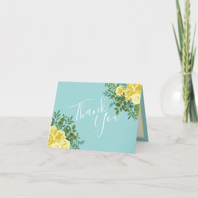 Light Yellow & Aquamarin Aqua Rose Wedding Vielen  Dankeskarte (Vorderseite)