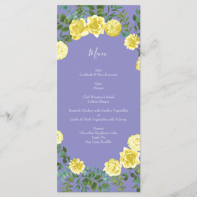 Light Yellow Periwinkle Blue Rose Wedding Menu Menükarte (Vorderseite)