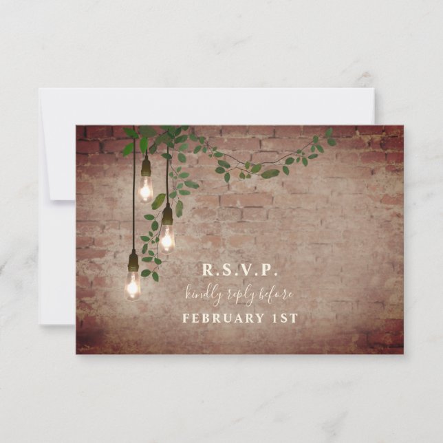 Lightbulb Greenery Garland Brick Wedding RSVP Karte (Vorderseite)