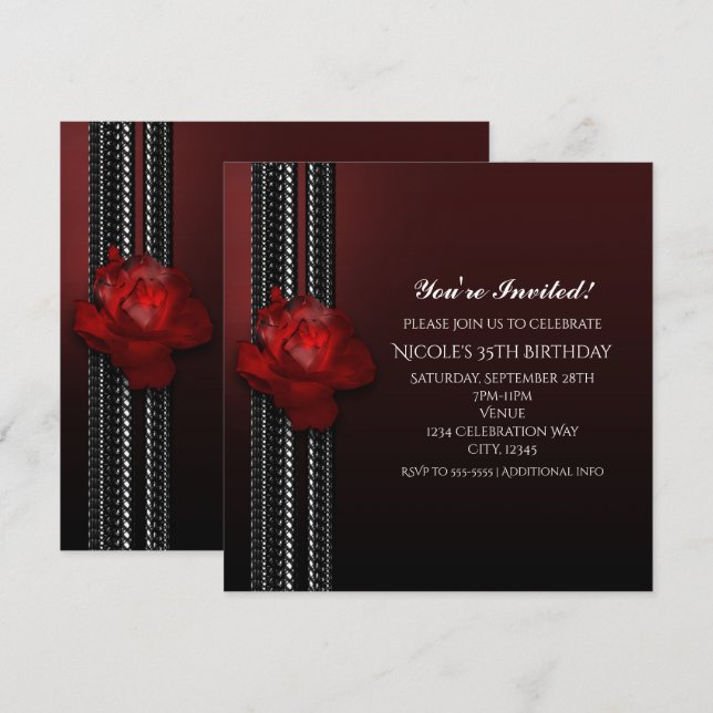 Lighted Rose & Lace Burgund Party Einladung (Vorne/Hinten)