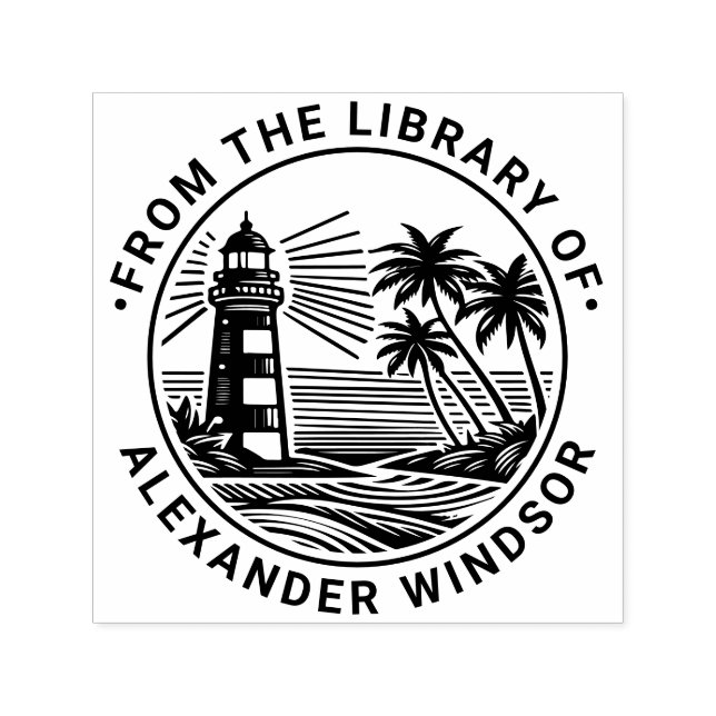Lighthouse Beach Palm Trees Library Name Permastempel (Design)