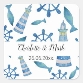 Lighthouse Beach Wasserfarbe Handgestrichen Quadratischer Aufkleber