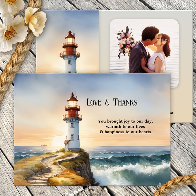Lighthouse Coastal Foto Hochzeit Danke Karte (Nautical photo Wedding Thank You card featuring a watercolor painting of a lighthouse at sunset)