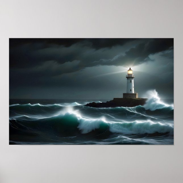 Lighthouse Landschaft Küste Ozean Waves Night Sea Poster (Vorne)