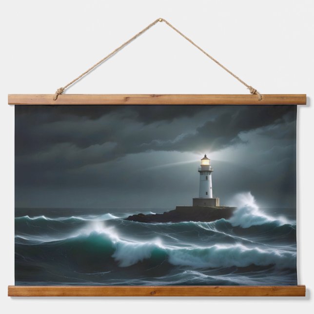 Lighthouse Landschaft Küste Ozean Waves Night Sea Wandteppich Mit Holzrahmen (Vorne)