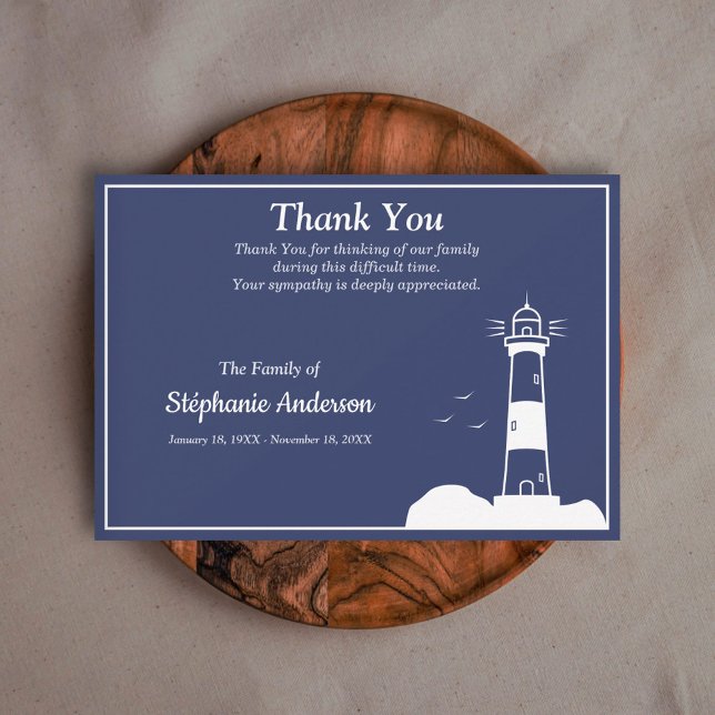 Lighthouse Marine Blue Funeral Merci Carte de note (Lighthouse Navy Blue Funeral Thank You Note Card)
