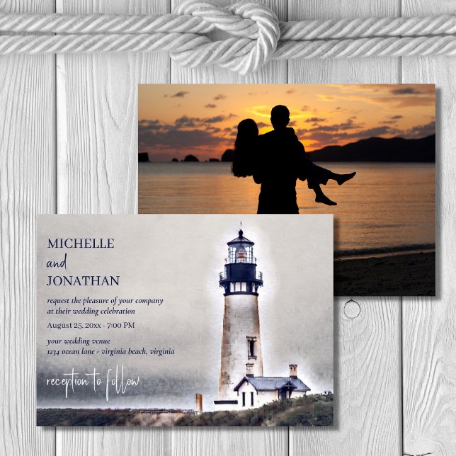 Lighthouse Nautical Beach Hochzeit Foto Einladung (Von Creator hochgeladen)