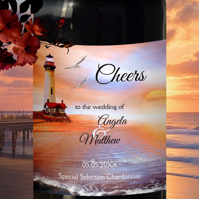 Lighthouse Nautical Beach Wedding Wine Label Weinetikett (Elegant wine label featuring a romantic painting of an ocean with lighthouse and seagulls at sunset)