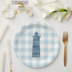 Lighthouse Nautical Blue Gingham Karo Pattern Pappteller