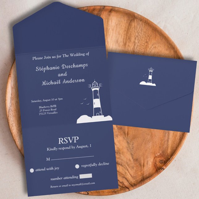 Lighthouse Navy Blue Wedding RSVP All In One Einladung (Lighthouse Navy Blue Wedding RSVP All In One Invitation)