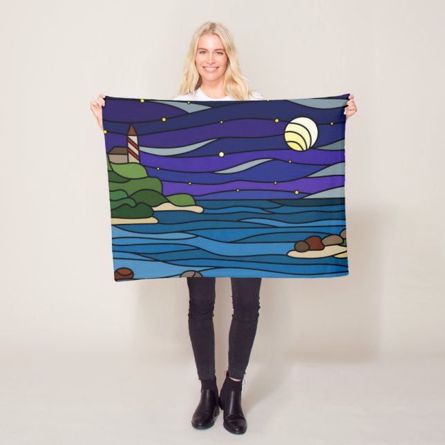 Lighthouse Seashore Under Night Sky Moon Stars Fleecedecke (Beispiel)
