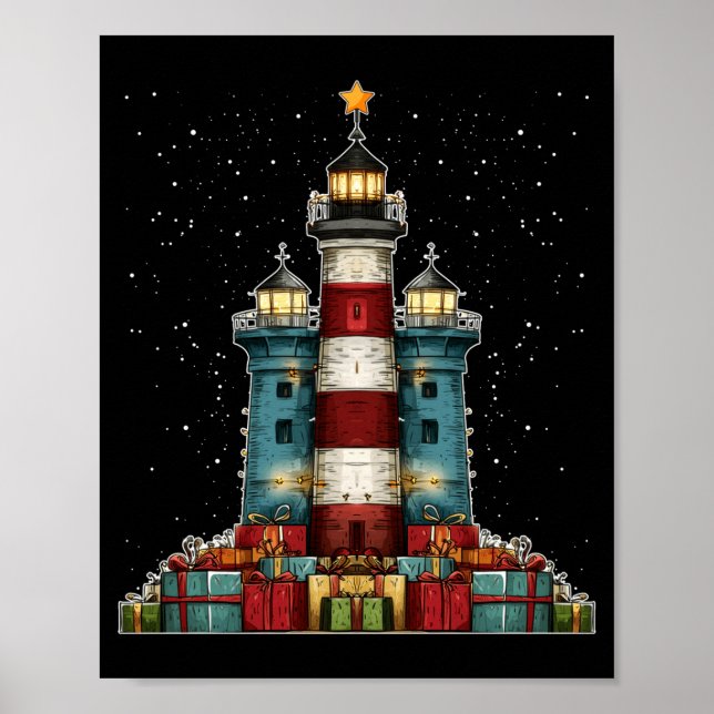Lighthouse Seaside Christmas Tree Xmas Long Sleeve Poster (Vorne)