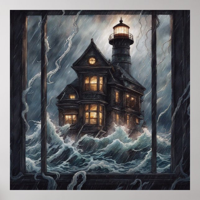 Lighthouse Stormy Night Poster (Vorne)