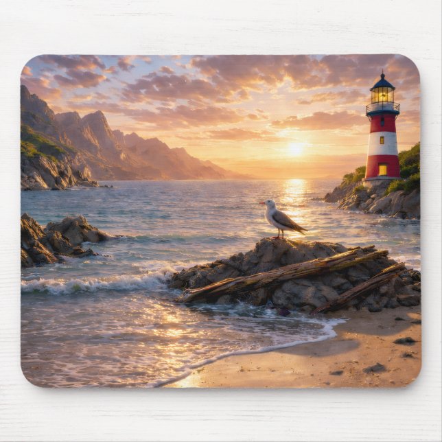 Lighthouse Sunset Seagull Beach Mouse Pad Mousepad (Vorne)