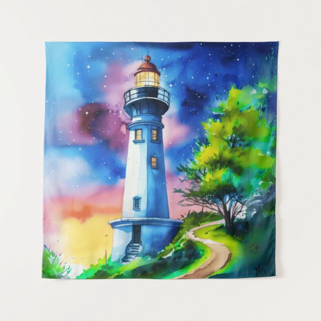 Lighthouse Under a Starry Sky Wandteppich (Vorderseite)