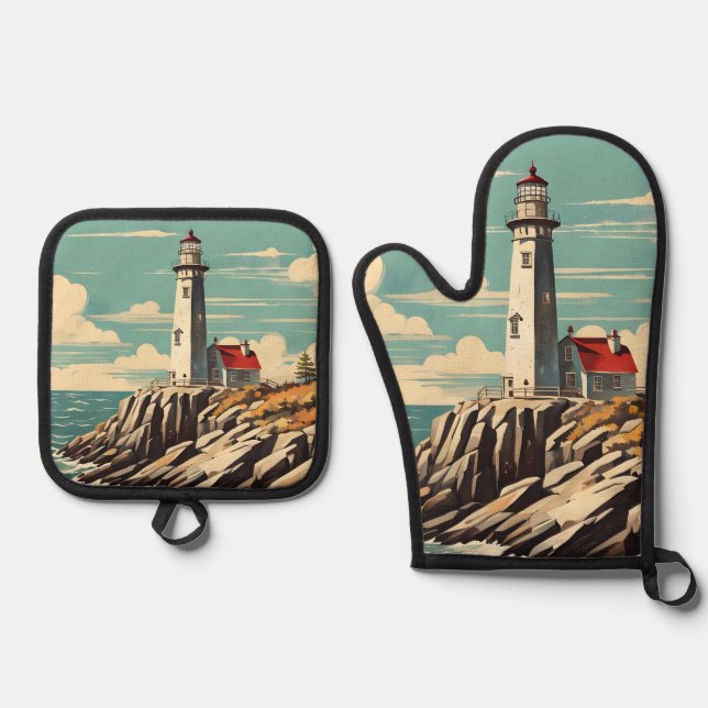 Lighthouse Vintage Poster Ofenhandschuh & Topflappen-Set (Vorderseite)