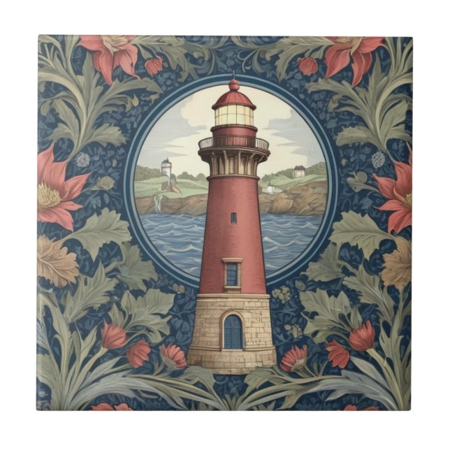 Lighthouse William Morris Stil Ozeanflora Fliese (Vorderseite)