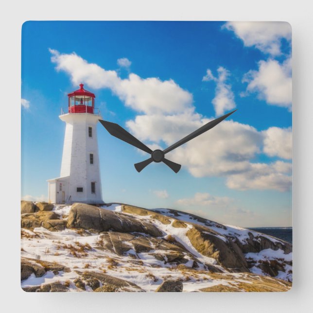 Lighthouse Winter In Peggy's Cove, Nova Scotia Quadratische Wanduhr (Vorderseite)