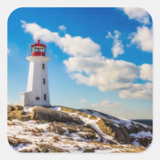 Lighthouse Winter In Peggy's Cove, Nova Scotia Quadratischer Aufkleber (Vorderseite)