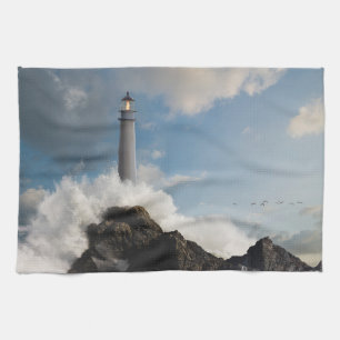 Lighthouses   Lighthouse With Crashing Waves Geschirrtuch