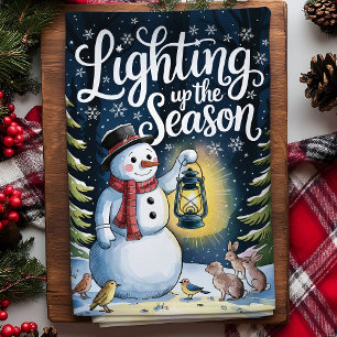 Lighting Up the Season Schneemann Weihnachten Geschirrtuch