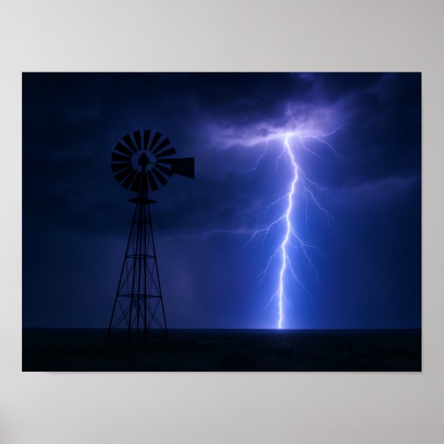 Lightning Strike Windmill Poster - Dramatic Texas  (Vorne)