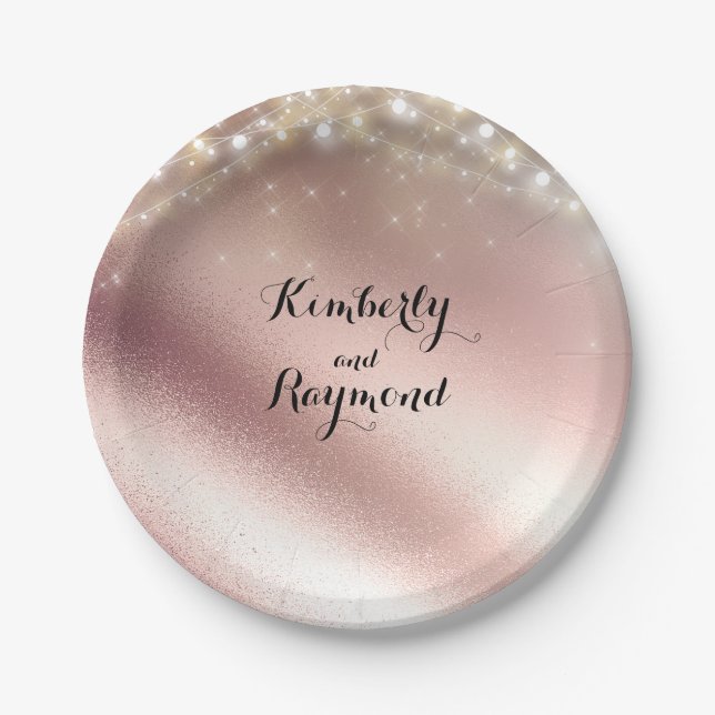 Lights and Rose Gold Glitzer Wedding Pappteller (Vorderseite)