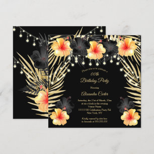Lights Black Gold Gelb Hibiskus Tropisches Party Einladung