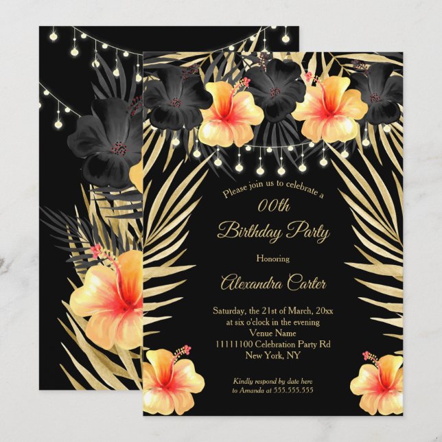 Lights Black Gold Gelb Hibiskus Tropisches Party Einladung (Vorne/Hinten)