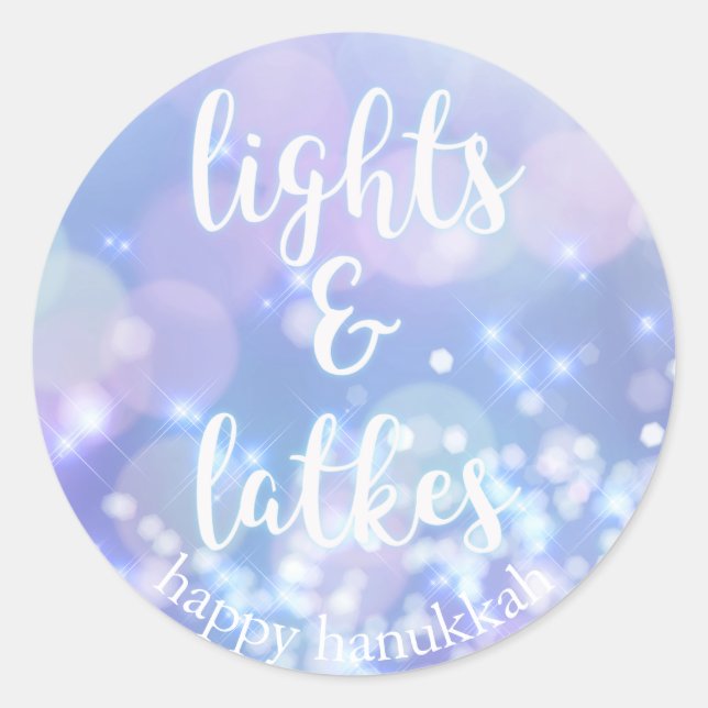 Lights & Latkes - Blauer Glitzern Happy Hanukkah Runder Aufkleber (Vorderseite)