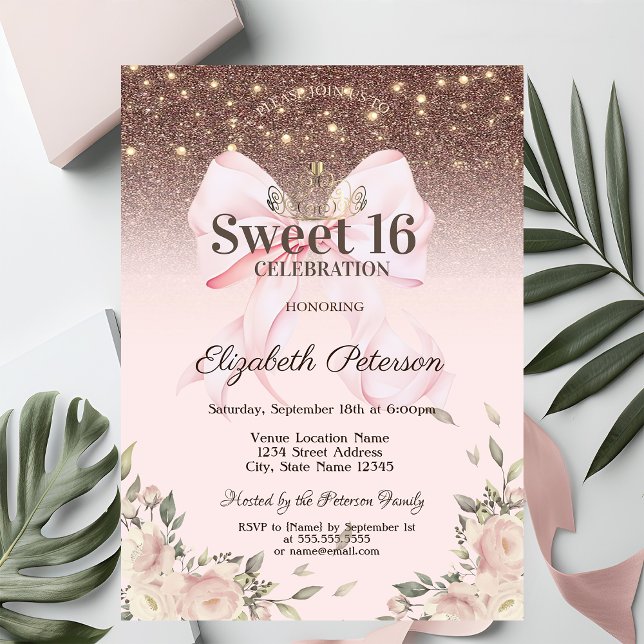Lights, Pink Bow Flowers Glitter Sweet 16 Einladung (Von Creator hochgeladen)