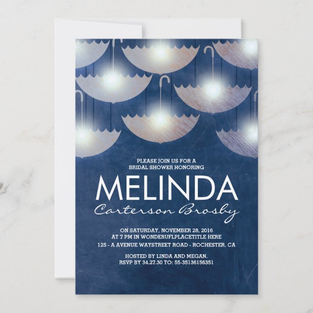 Lights und Umbrellas Navy Blue Brautparty Einladung (Vorderseite)