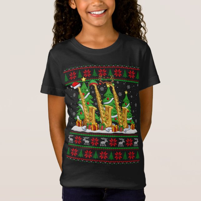 Lights Xmas Sweater Style Ugly Santa Saxophone Chr T-Shirt (Vorderseite)