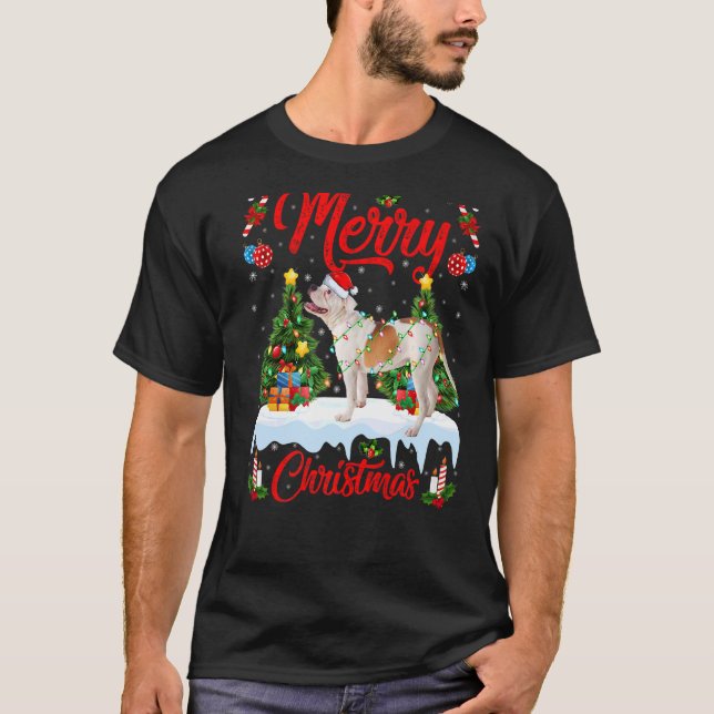 Lights Xmas Tree Santa American Bulldog Weihnachte T-Shirt (Vorderseite)