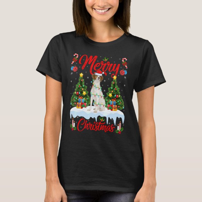Lights Xmas Tree Santa Brittany Spaniel Dog Christ T-Shirt (Vorderseite)