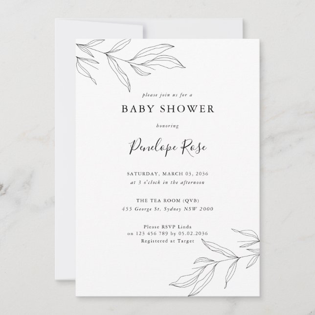Ligne Art Foliage Baby shower feuille Invitation (Devant)