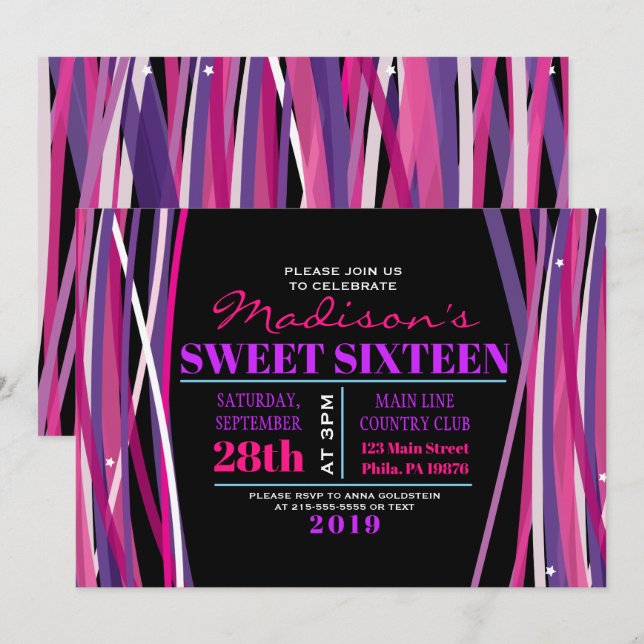 LIGNES SIMPLES Sweet sixteen 16 Invitation (Devant / Derrière)