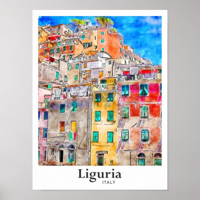 Ligurien Italien Reisen Wasserfarben Hand gezogen Poster (Vorne)