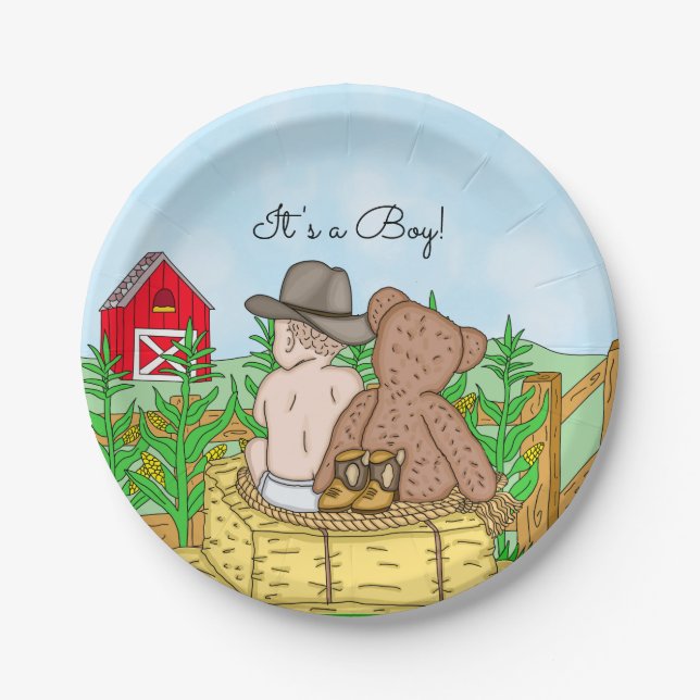 Lil' Cowboy and Teddy Bear Baby Shower Pappteller (Vorderseite)