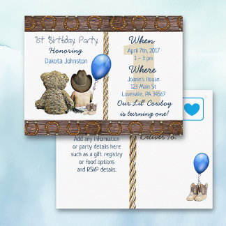 Lil Cowboy Baby Boy und Teddy Bear 1. Geburtstag Einladungspostkarte