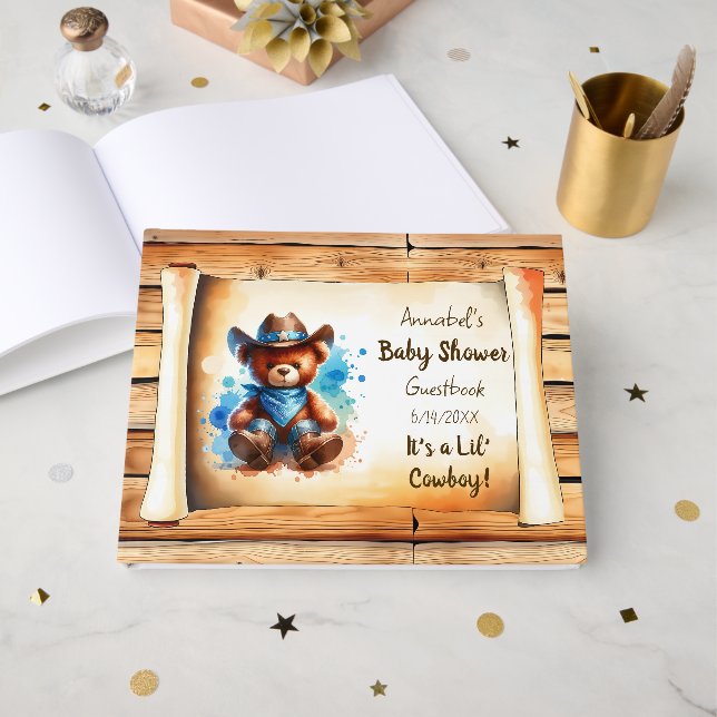 Lil' Cowboy Personalisiert Boy's Baby Shower Gästebuch (Vorderseite Offen)